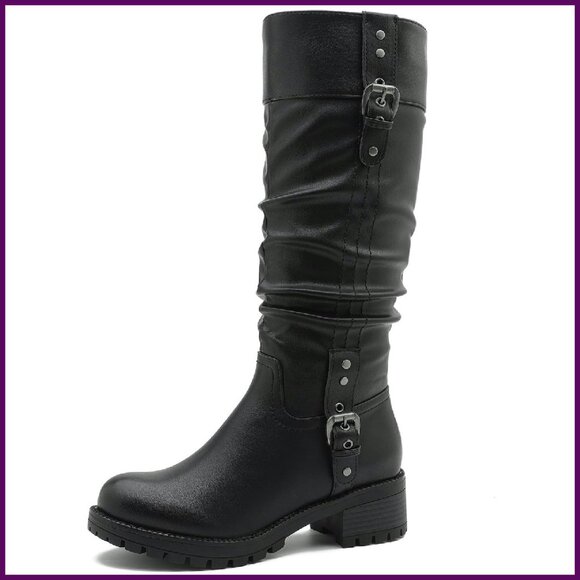 Women's Knee-High Boots Slouchy Design Chunky Heel Buckle Detail Vegan Leather